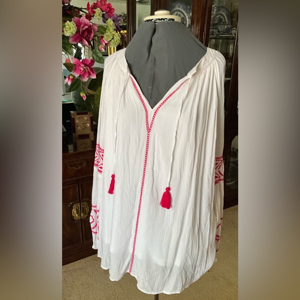 White Boho Embroidered Tassel Cover-Up with Hot Pink Trim